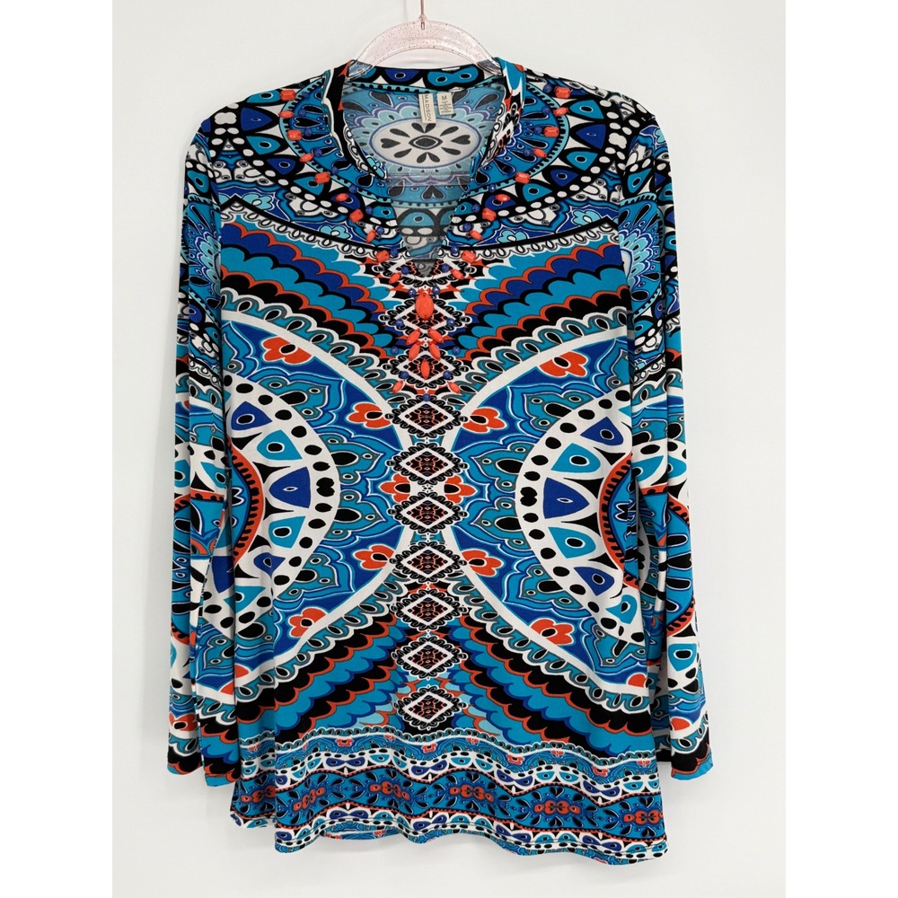 Madison Womens Blue Orange Geometric Beaded Split Neck Long Sleeve Tunic Sz M